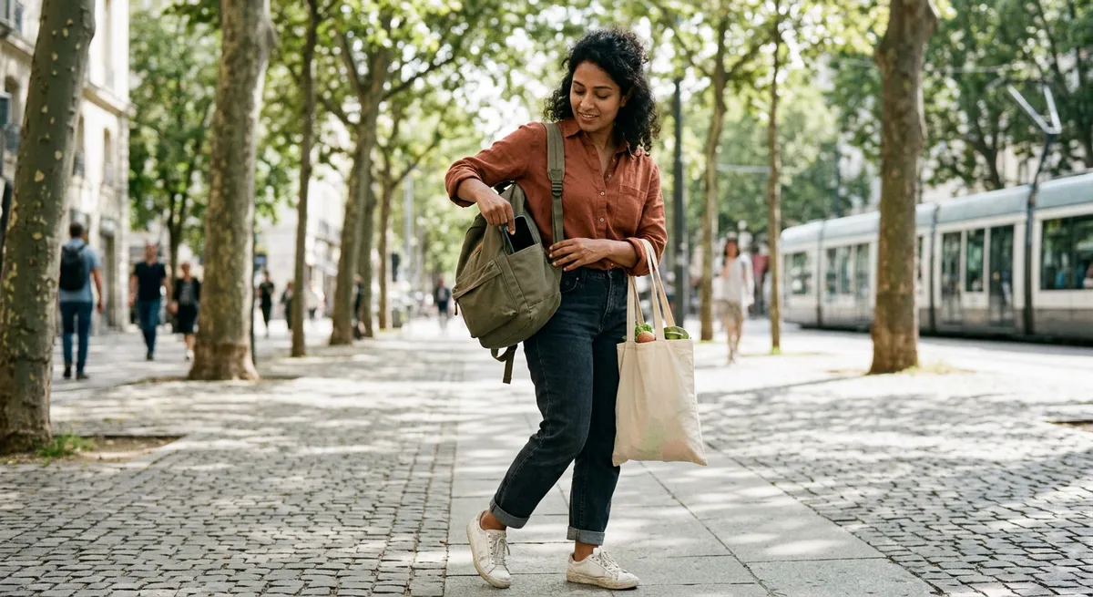 A woman on a city sidewalk puts her iPhone away in her backpack, capturing the idea of using Downtime on iPhone for real breaks.