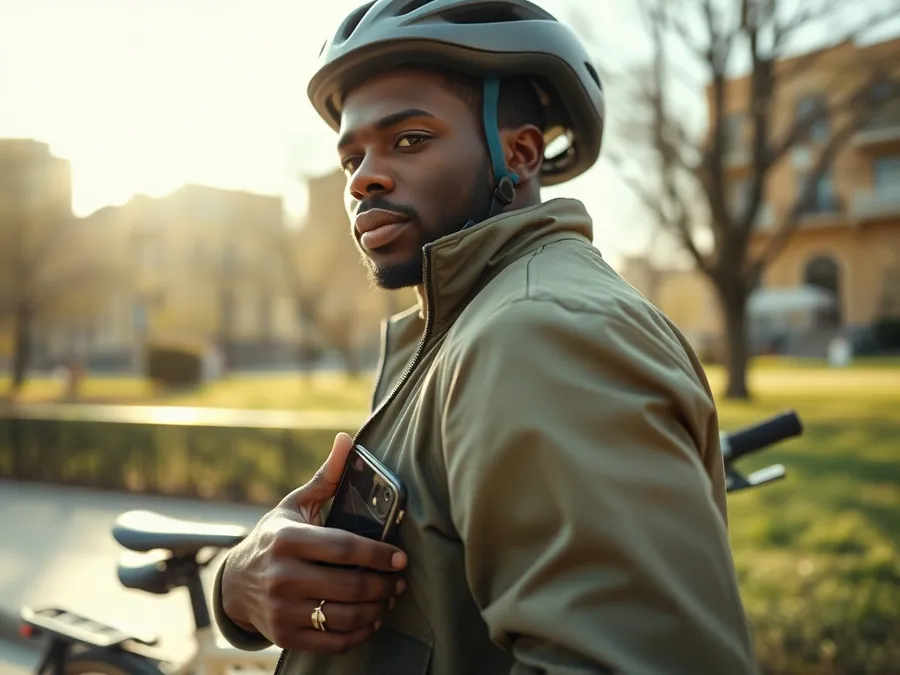 A man at a city park puts his phone away and fastens his bike helmet, illustrating taking a real break with Downtime.