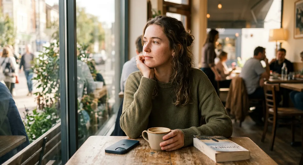 A person sits at a sunlit cafe table with their iPhone face-down, appearing calm and present—reflecting on iOS Screen Time and app choices.