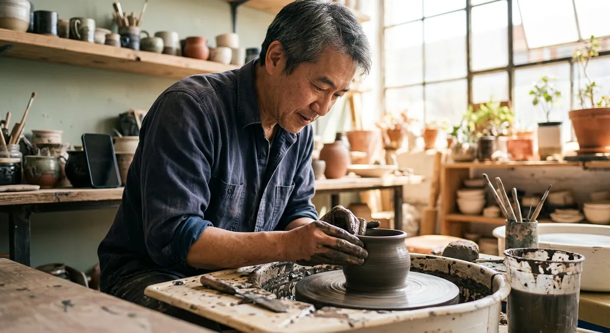 A focused man shapes clay in a pottery studio, his phone set aside, illustrating digital wellbeing beyond the 'brain rot' myth.
