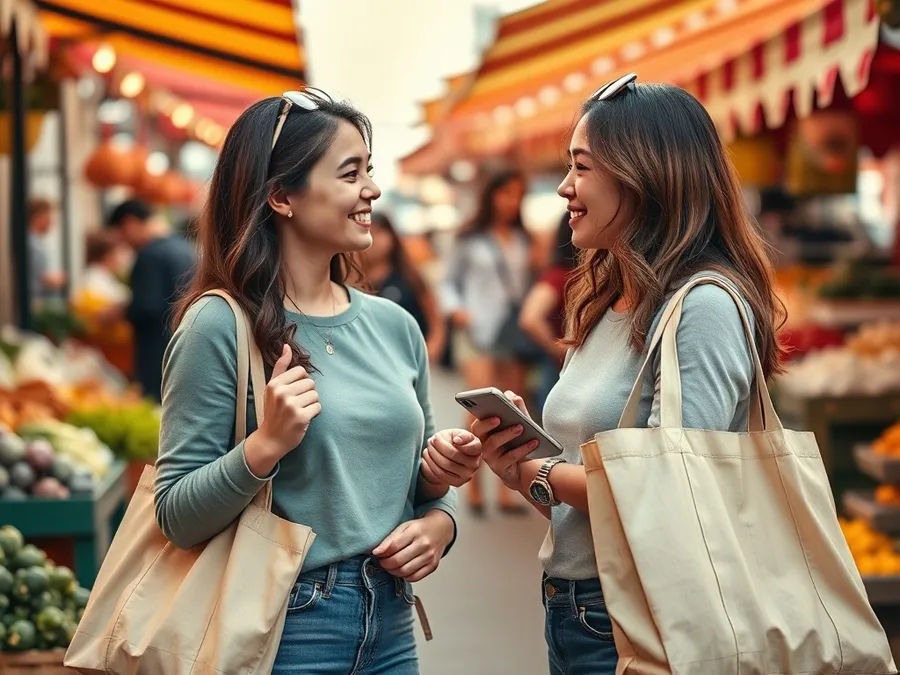 Two friends interact and shop at an outdoor market, their attention on each other and their surroundings, not their phones.