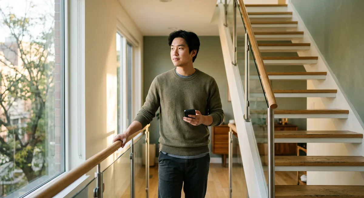 A young man pauses on an apartment staircase, holding his iPhone and reflecting on screen time choices.