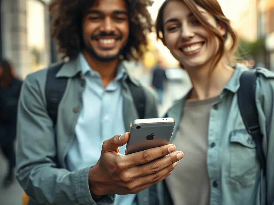 Two friends exchange an iPhone on a city street, smiling as they set up a friendly screen time challenge.