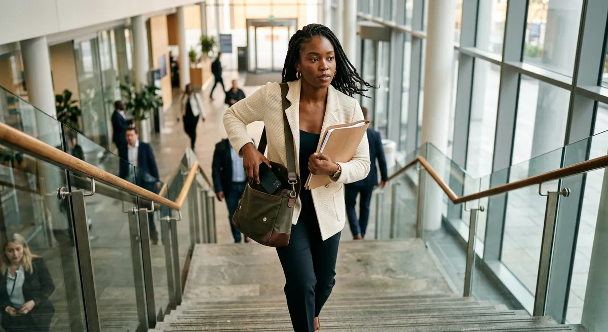 A young woman tucks her phone away as she descends office stairs, embodying monk mode phone focus in a real-world setting.