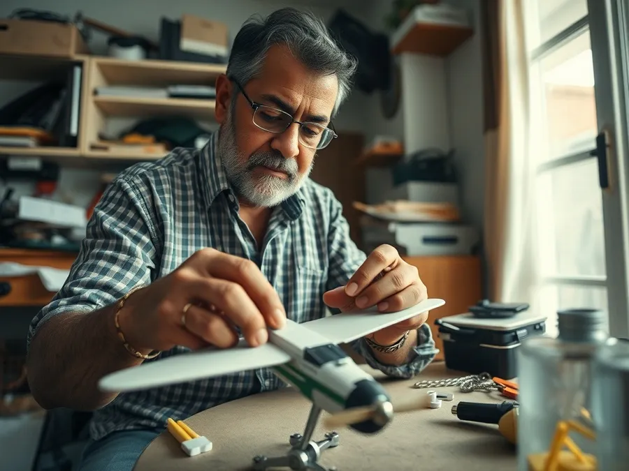 A man’s hands working on a craft project at home, his phone set aside in the background as he demonstrates monk mode focus.