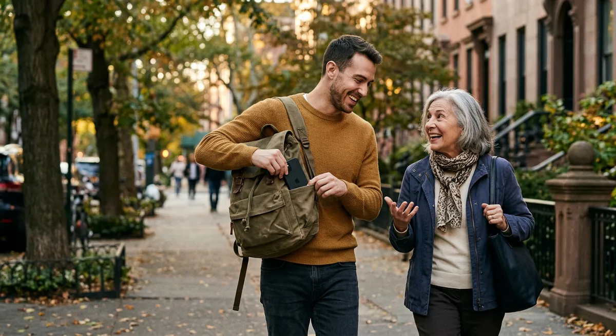 A young man and older woman walking together on a city sidewalk, the man putting away his phone to focus on conversation, illustrating notifications and focus.