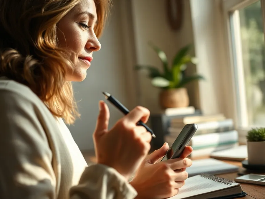 A woman in a home office silencing a phone notification before returning her attention to writing in a journal, showing practical steps to regain focus.