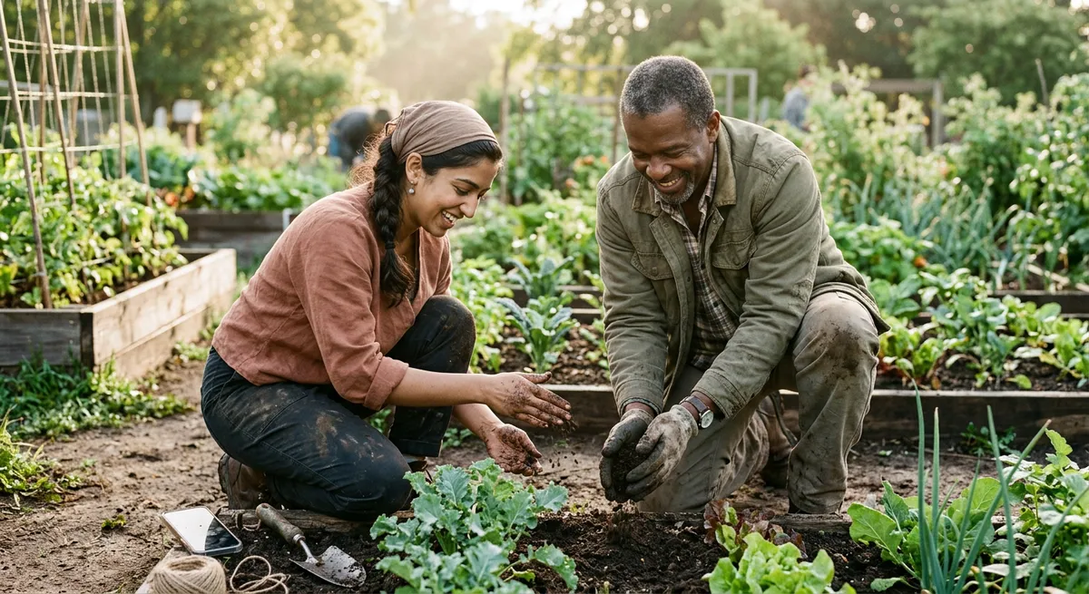 Two people in a community garden, hands dirty from planting, with a phone set aside—illustrating real-life moments away from screens while using Opal alternatives.