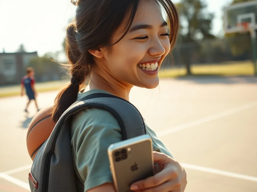 A woman on a basketball court with her phone tucked away, enjoying screen-free time—showing the spirit of iPhone screen time apps beyond Opal.