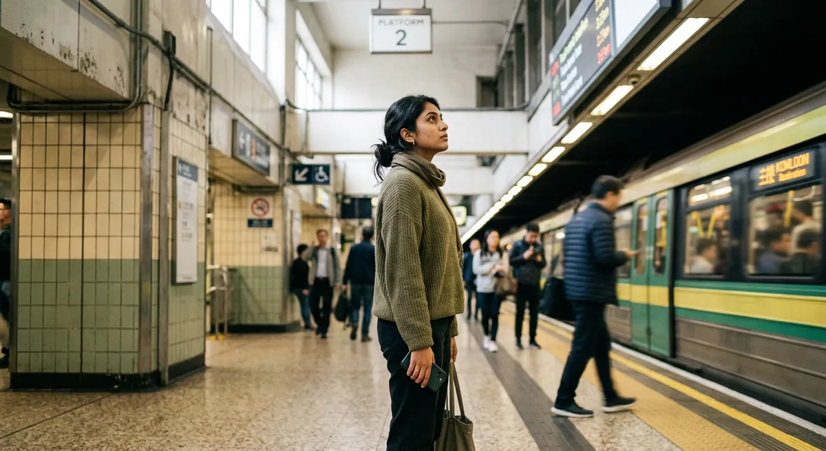 A young woman stands on a subway platform, holding her phone at her side as she pauses to reflect—an honest moment about phone addiction.