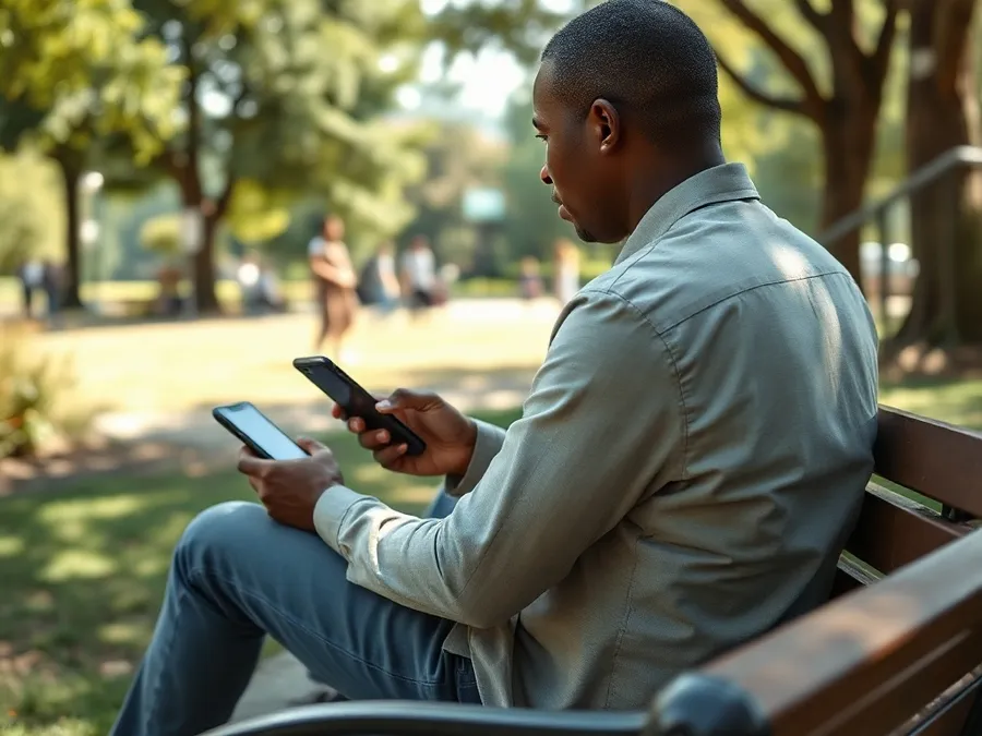A man in a park sits with his phone set aside, watching others play—illustrating a break from phone use.