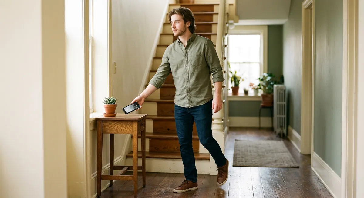 A young man sets his phone aside on a hallway table, calmly walking away—illustrating the difference between phone addiction and a habit.