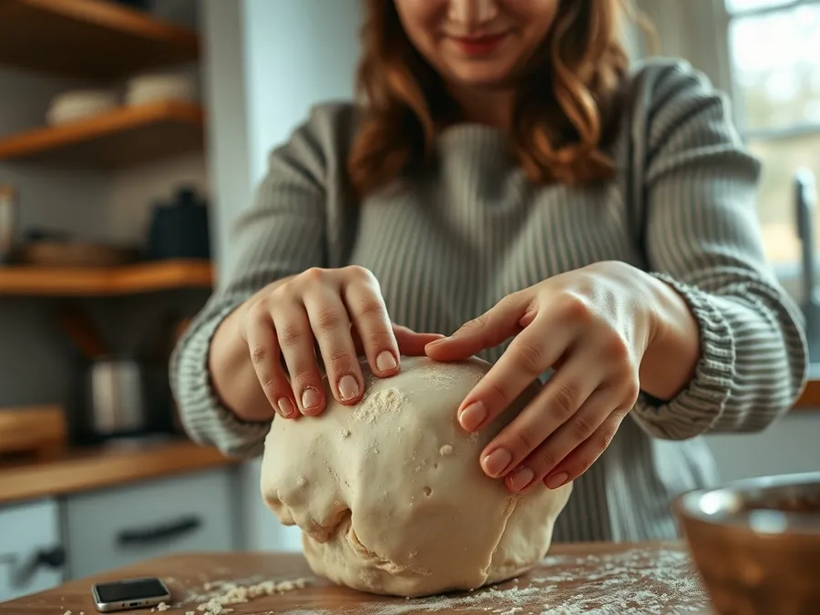 Close-up of a woman’s hands kneading dough in a kitchen, her phone set aside in the background, showing healthy separation from phone use.