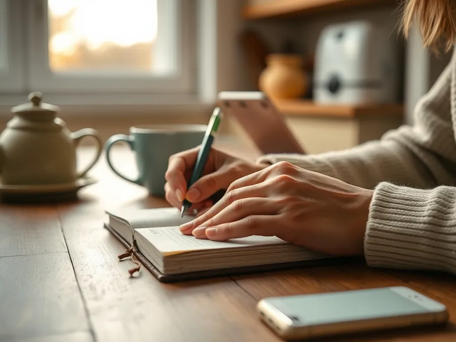 Hands journaling at a kitchen table during a phone-free morning, with a phone set aside in the background.