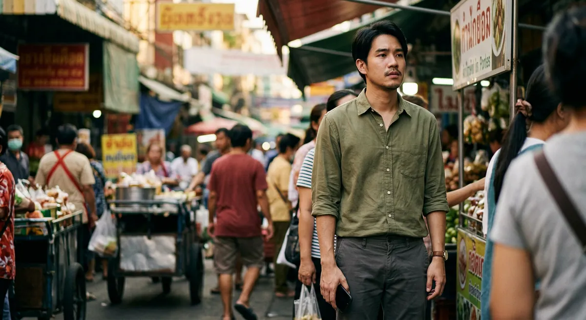 A young man waiting in line at a busy market stall, holding his iPhone and appearing thoughtful about screen time habits and Reddit blocking.