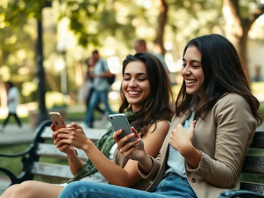 Two friends on a city park bench comparing their phones and discussing Reddit blocker apps, sharing tips and encouragement.