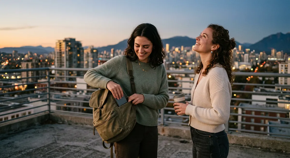 Two friends on a city rooftop at dusk, one putting away their phone as they reconnect and share a genuine moment, illustrating the impact of screen time on relationships.