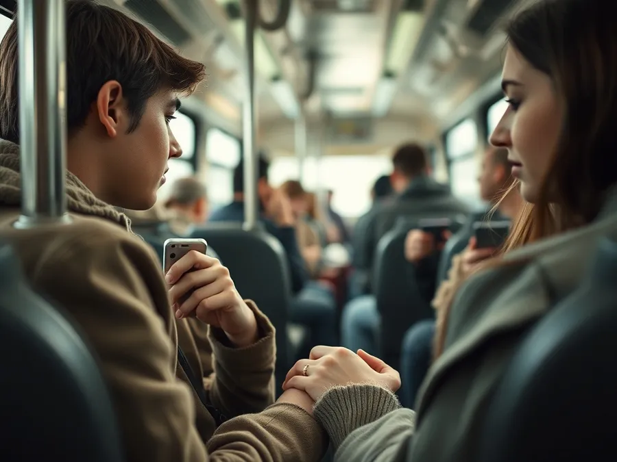 A couple on a busy commuter bus, holding hands with their phones put away, emphasizing real-world connection over screen time.