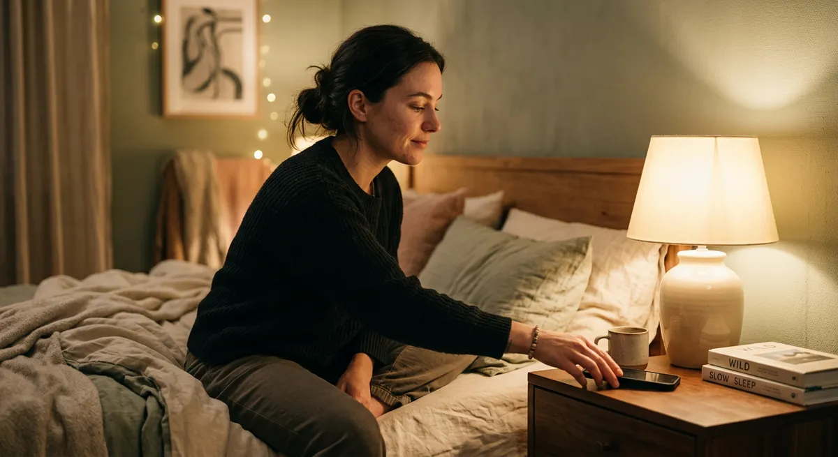 Young adult putting their phone away before bed in a softly lit room, illustrating the link between screen time and sleep