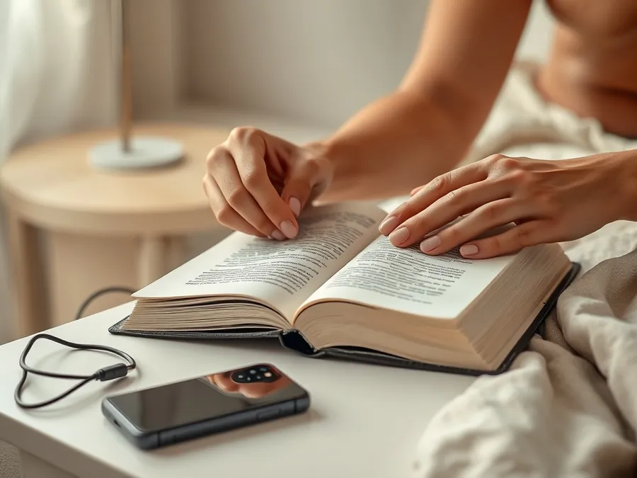 Hands closing a book next to an unplugged phone on a nightstand, representing a bedtime routine free from screens
