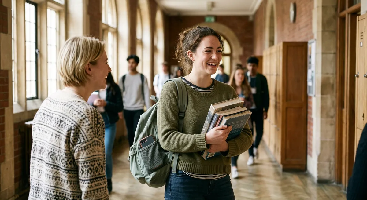 A student in a busy university hallway during exam season, chatting with a friend while her phone stays out of sight in her backpack.