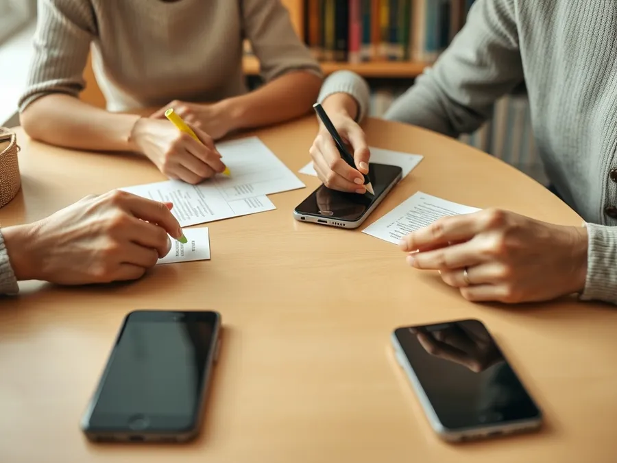Two students preparing flashcards and highlighters for exam revision with their phones set aside at the edge of the study table.