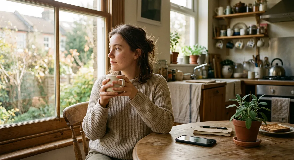 A young adult sits at a kitchen table in soft morning light, looking out the window with a thoughtful, calm expression, their phone set aside—illustrating a mindful break from screen time and anxiety.