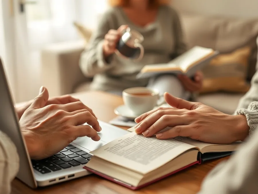 Hands closing a laptop and reaching for a book, with another person pouring tea in the background, representing a transition from screen time to offline activities.