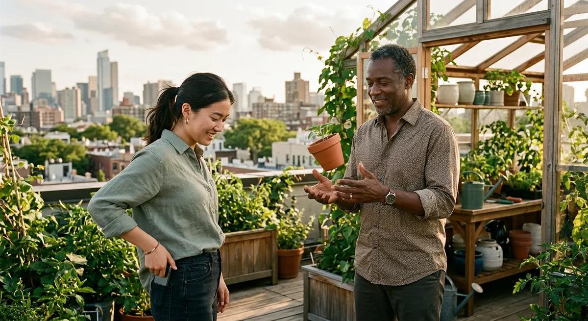 A young woman puts her phone away as she and a man enjoy a relaxed moment on a sunny rooftop greenhouse, capturing the idea of rewarding screen time breaks.