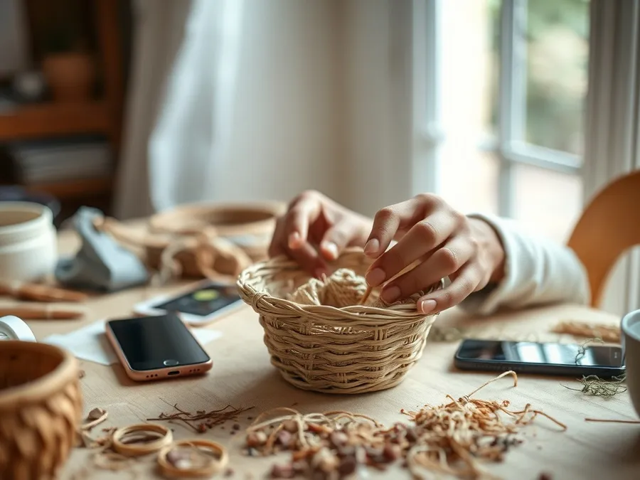 Close-up of hands weaving a basket at a craft table, with a phone set aside, illustrating off-screen time rewarded by screen time apps.