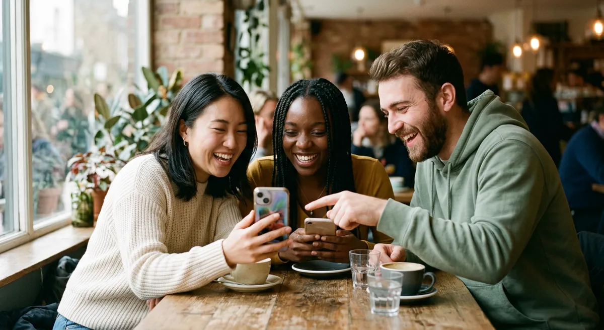Three friends at a café table sharing a lighthearted moment while comparing their phone usage for a screen time challenge.
