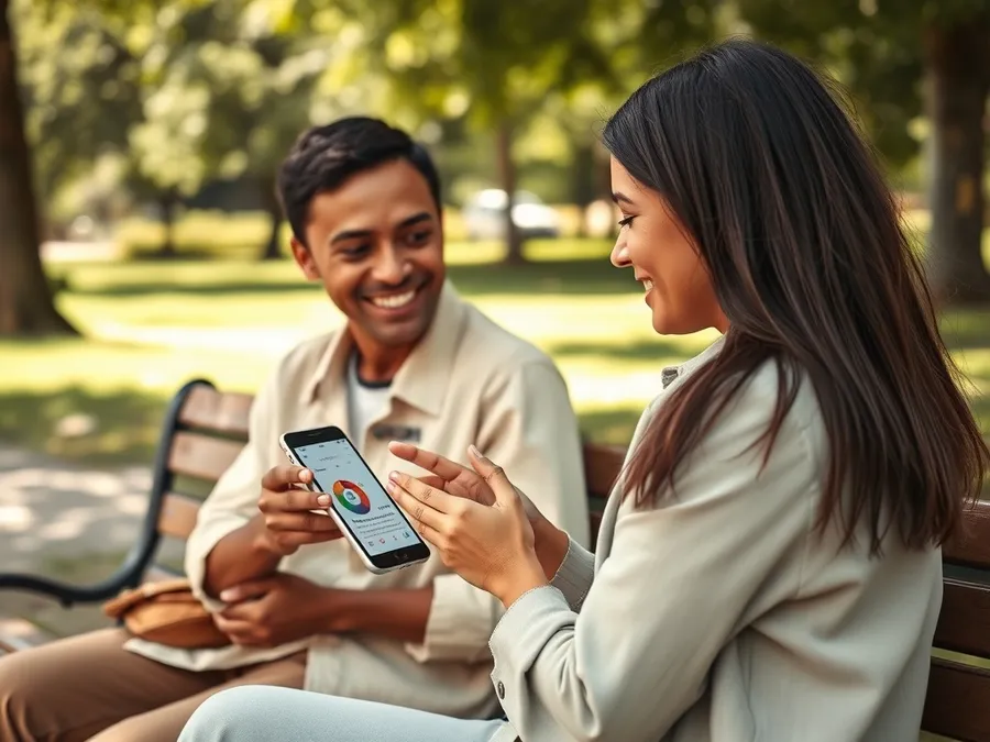 Close-up of two friends on a park bench, one showing their phone's screen time stats to the other as part of a friendly challenge.