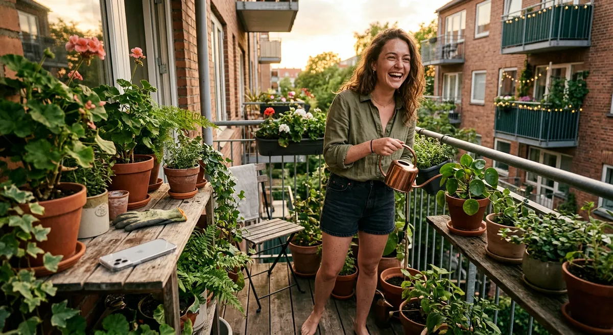 A young woman on a sunlit balcony, smiling as she tends to plants, her phone set aside—illustrating the benefits of reduced screen time for productivity.