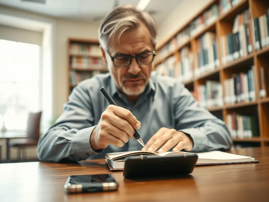 A man writing notes at a library table, his phone set aside—showing a practical strategy to boost screen time productivity.