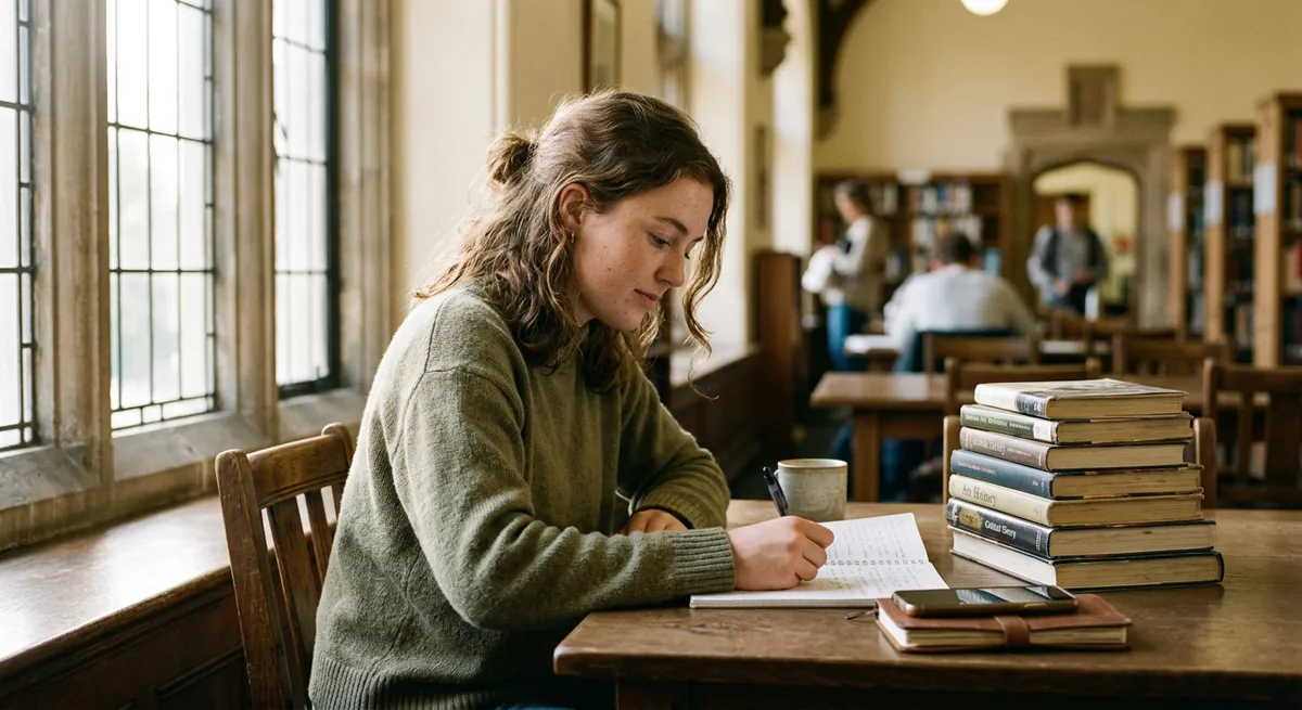 A focused student at a library table, phone set aside, working on notes to manage screen time as a student.