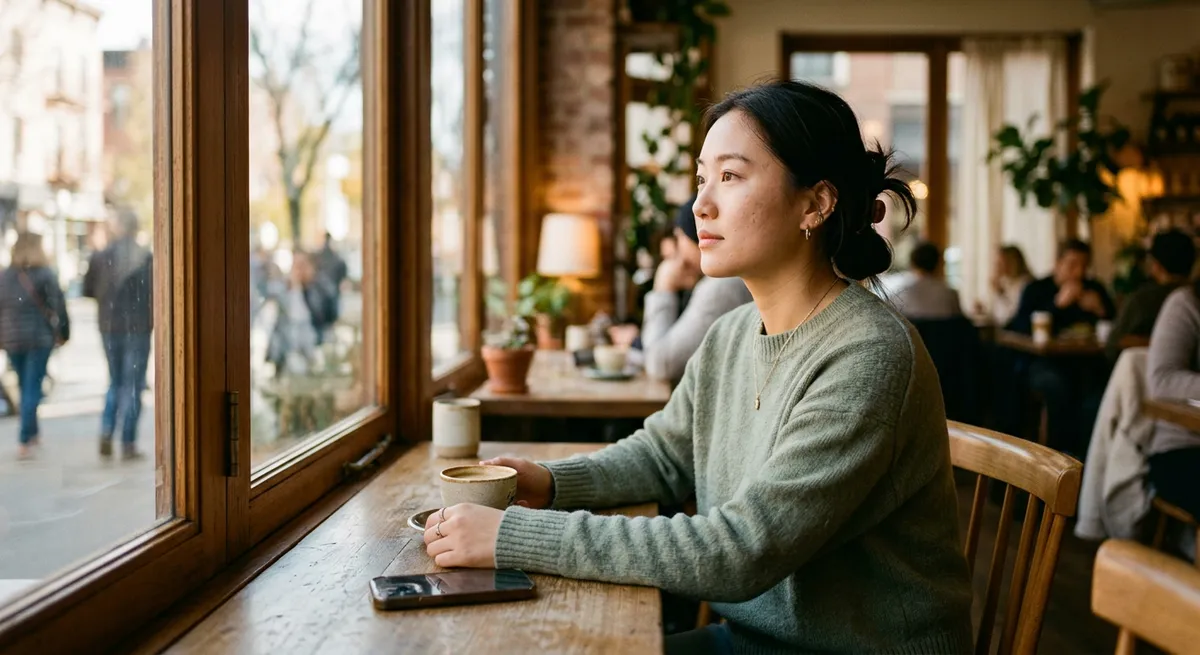 A woman at a sunlit kitchen table, iPhone set aside, enjoying a peaceful moment—capturing the feeling of meeting screen time goals.