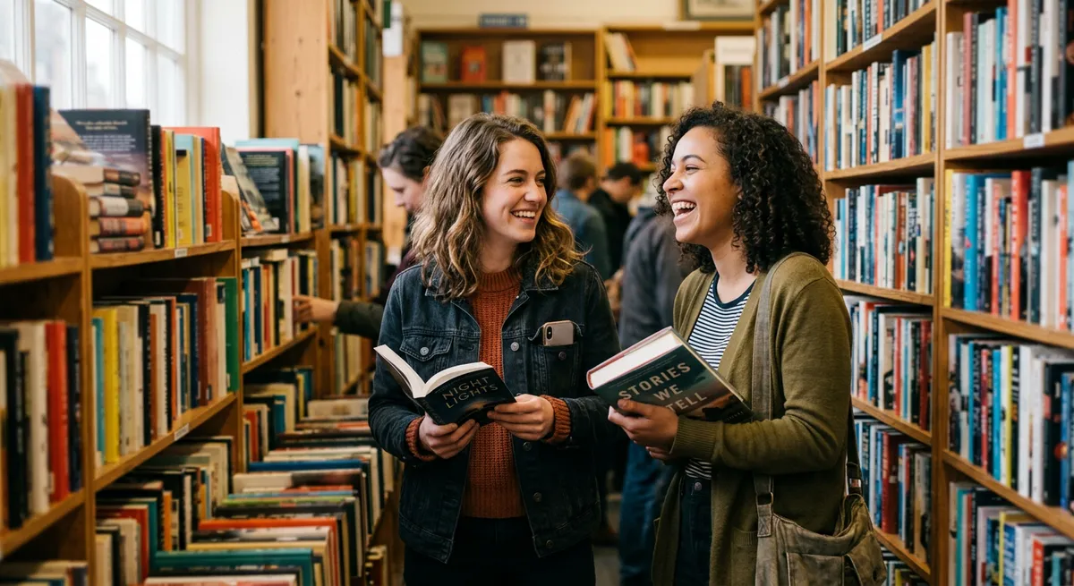 Two friends in a lively bookshop aisle, chatting and laughing together with their phones put away, illustrating positive alternatives to excessive screen time.