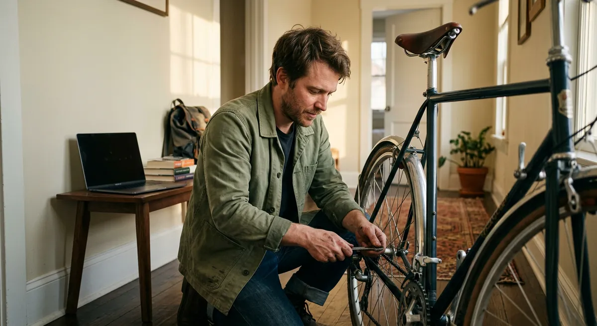 A young man repairing a bicycle in a sunlit hallway, his MacBook closed on a bench nearby, illustrating taking a break from screen time on Mac.