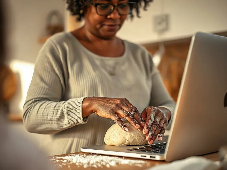 A woman kneading bread dough at her kitchen counter with her MacBook pushed aside, showing an offline break from Mac screen time.