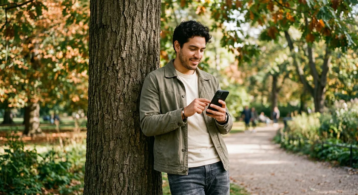 A young Latino man in a city park, holding his iPhone and looking relieved after recovering his Screen Time passcode.