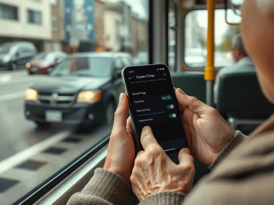 Over-the-shoulder view of an older woman adjusting Screen Time settings on her iPhone while riding a city bus.