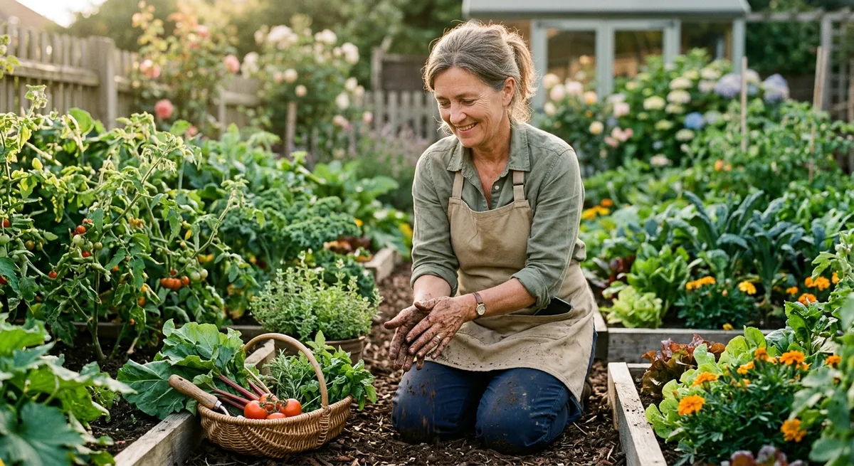 A woman takes a screen break while gardening, kneeling in the soil with her phone tucked away, representing successful screen time resolutions.