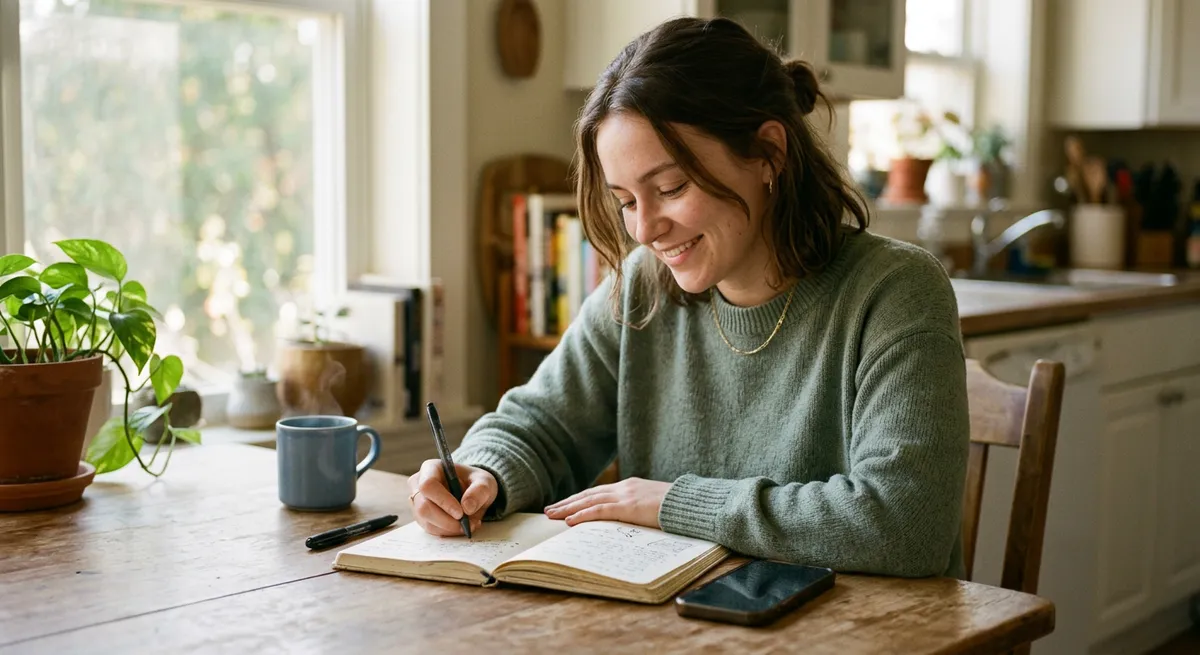 A person calmly tracking their screen time streak at a kitchen table, iPhone face-down, enjoying a moment of quiet focus