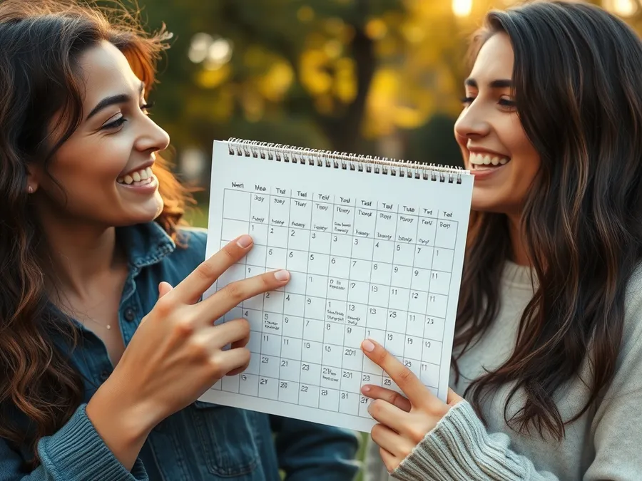 Two friends in a park comparing their screen time streaks on a calendar, sharing encouragement and a sense of achievement