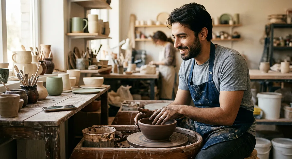 A young Middle Eastern man in a ceramics studio, hands shaping clay at a pottery wheel, with his phone set aside as he focuses. The image embodies the idea of choosing focus over screen time.