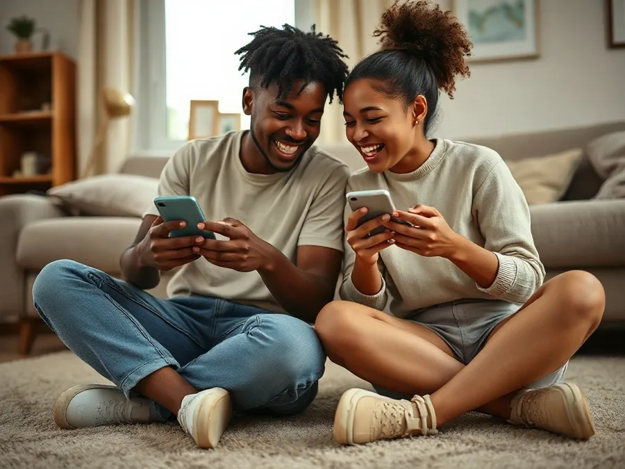 Two teens sitting on a living room floor, smiling and comparing their phone screen time stats together, showing a friendly approach to managing device use.