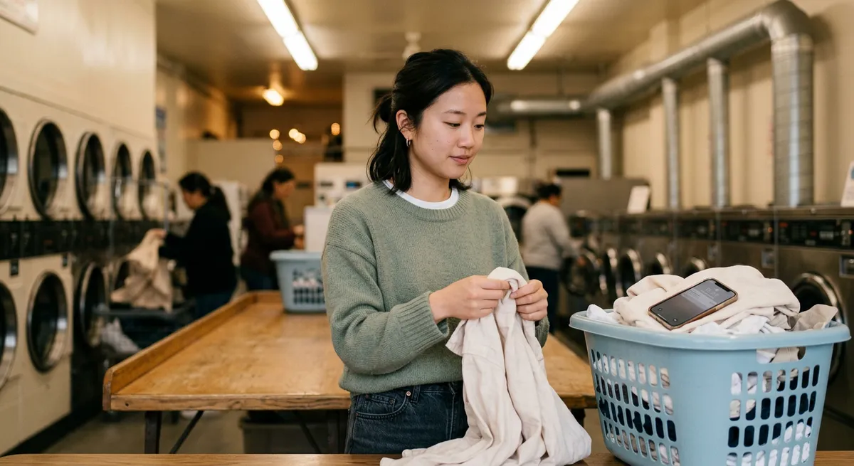 A young woman pausing while folding laundry at a laundromat, glancing at her iPhone as she considers her screen time widget.