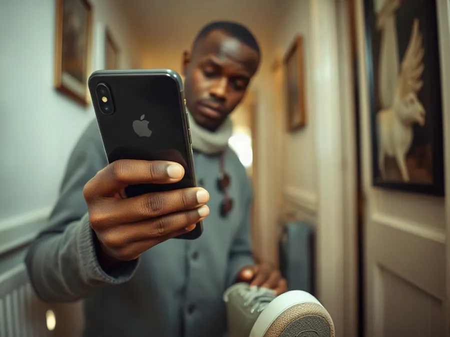 A man in a home hallway multitasking: holding his phone and tying his shoes, a subtle moment reflecting daily device use.