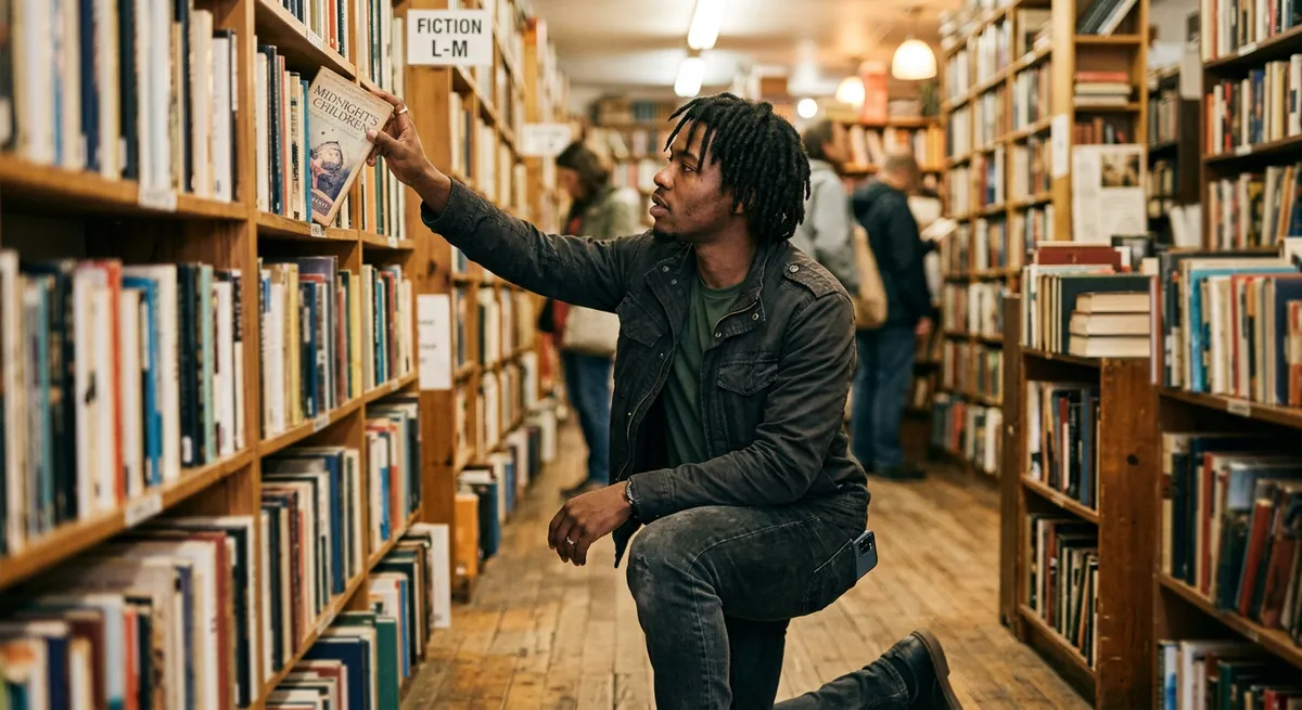 A young Black man in a bookshop aisle, reaching for a book with his phone in his back pocket, illustrating a break from short form video addiction.