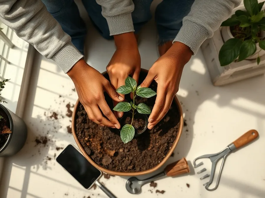 Two people’s hands potting a plant on a balcony, a phone set aside, representing real-life alternatives to endless video scrolling.